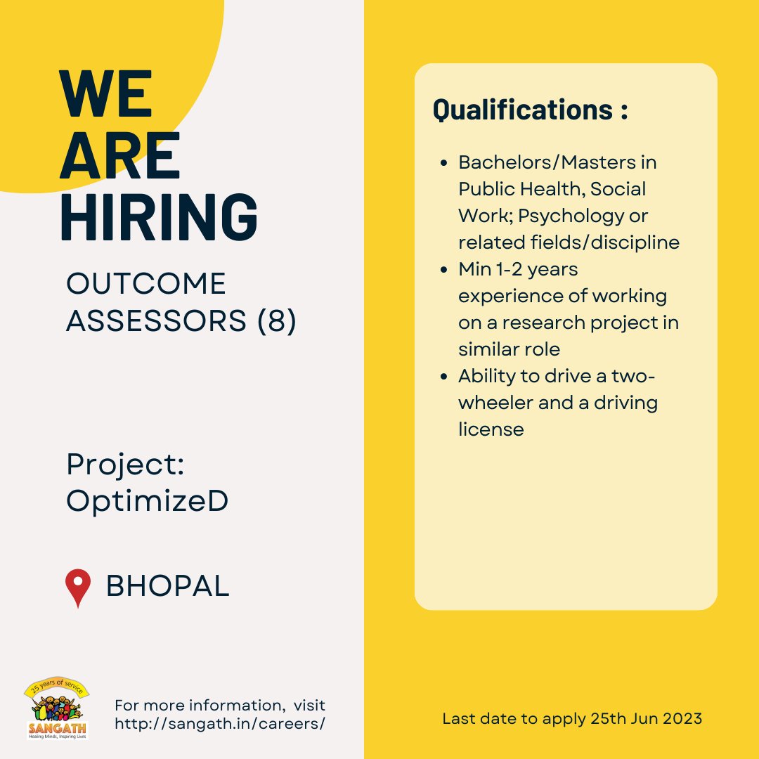 Sangath (@sangathindia) on Twitter photo We are looking for multiple positions to join our OptimizeD team as:
1. Outcome Assessment Coordinator
2. Outcome Assessors
All roles will be based out of <a href="/SangathBhopal/">Sangath Bhopal Hub</a>. Visit sangath.in/careers/ for more details. We are looking for multiple positions to join our OptimizeD team as:
1. Outcome Assessment Coordinator
2. Outcome Assessors
All roles will be based out of <a href="/SangathBhopal/">Sangath Bhopal Hub</a>. Visit sangath.in/careers/ for more details.