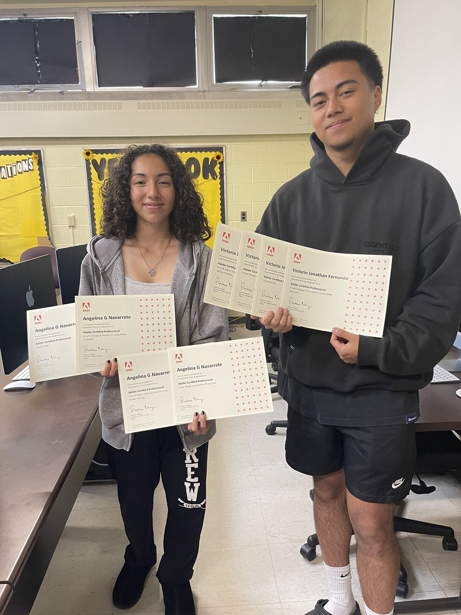 Officially Adobe Certified Professionals! So proud of my 2023 senior students Jonathan Victorio and Angelina Navarrete #graphiccommunications #graphicdesign @belleville_ps @Adobe #Photoshop #indesign #illustrator