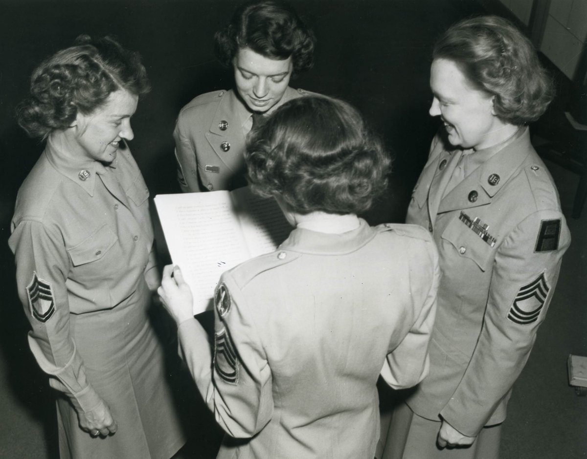 These members of the Women's Army Corps review the Women's Armed Services Integration Act of 1948, which gave women permanent status in the military. Today marks the 75th anniversary of the legislation's enactment. #ArmyHistory #ArmyUnity #ArmyEquityInclusion #WomenVeteransDay