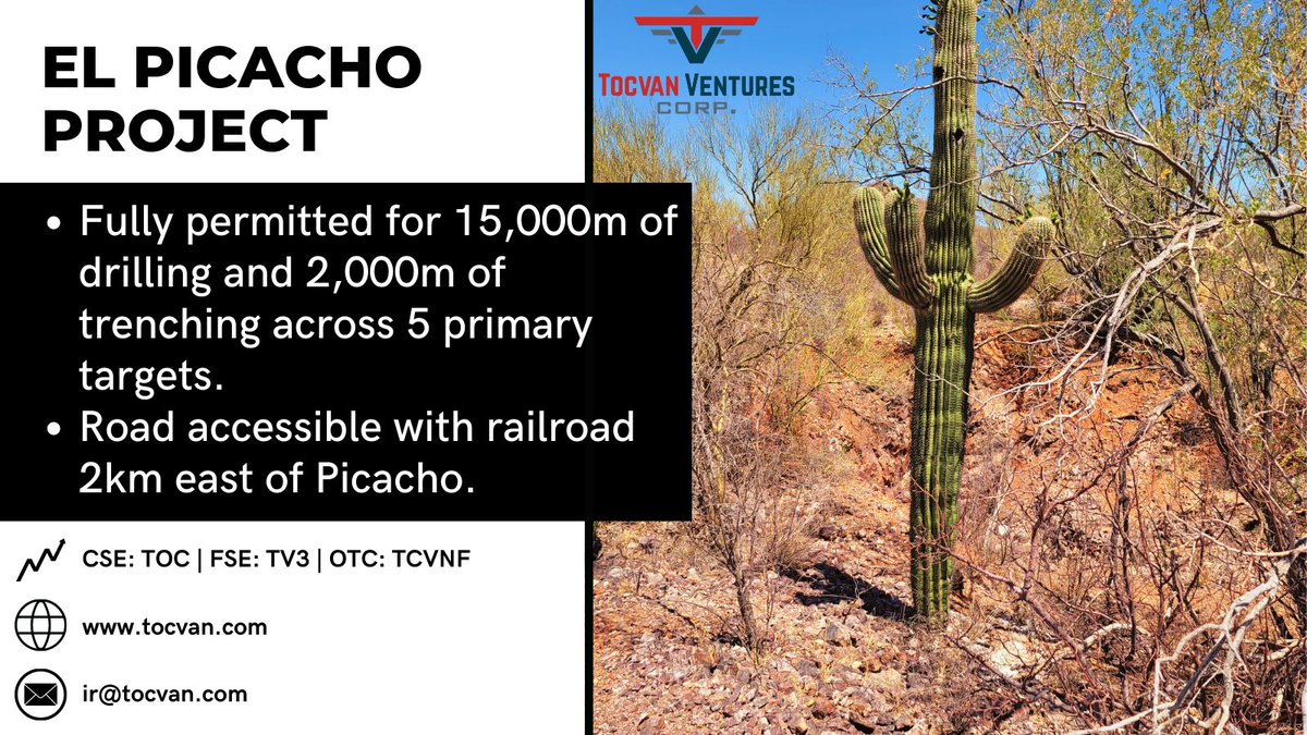 TOCVANVentures's tweet image. Our El Picacho property is located 145 km NE of the state capital, Hermosillo in the municipality of Benjamin Hill, and 18 km southwest of the San Francisco Mine (&amp;gt; 3Moz contained #Gold)

Picacho is fully #permitted for #exploration. 

To view more: zurl.co/q9az