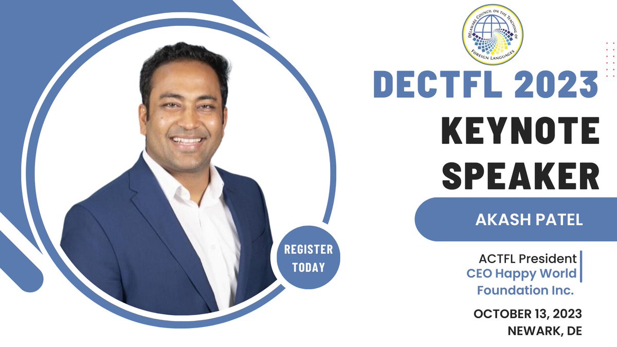 @dectfl is thrilled to announce that <a href="/actfl/">ACTFL</a> President Akash Patel (<a href="/speakerakash/">Akash Patel 🇺🇸🌍👓</a> ) will be the 2023 Conference Keynote Speaker!

Register today! dectfl.org/conference

#dectfl