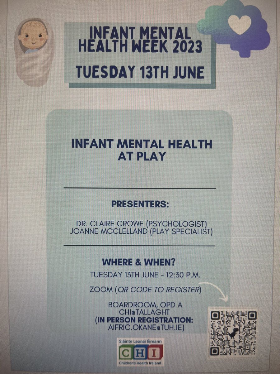 PSI Perinatal and Infant Mental Health SIG (@perinatal_sig) on Twitter photo Join a fantastic free online webinar tomorrow as part of Infant Mental Health Awareness Week 2023 with Dr Claire Crowe (psychology) and Jo McClelland (play specialism) <a href="/CHI_Ireland/">Children's Health Ireland</a> presenting on ‘Infant Mental Health Health at Play’. All welcome. Register us02web.zoom.us/webinar/regist… Join a fantastic free online webinar tomorrow as part of Infant Mental Health Awareness Week 2023 with Dr Claire Crowe (psychology) and Jo McClelland (play specialism) <a href="/CHI_Ireland/">Children's Health Ireland</a> presenting on ‘Infant Mental Health Health at Play’. All welcome. Register us02web.zoom.us/webinar/regist…