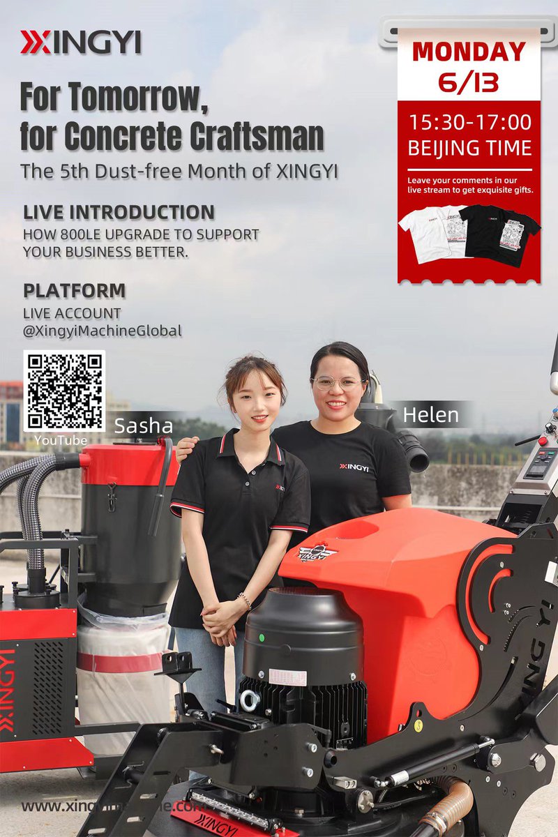 🔔🔔🔔Mark your calendars! 

Helen and Sasha will be hosting a live stream on 13 June at 15:30-17:00 Beijing time. 🥳🥳🥳

Exchange your ideas with us！！❤️❤️❤️

#live
#health
#dustfree
#Ecofriendly
#floorgrinder 
#stampedconcrete
#polishedconcrete
#industrialflooring
#xingyi