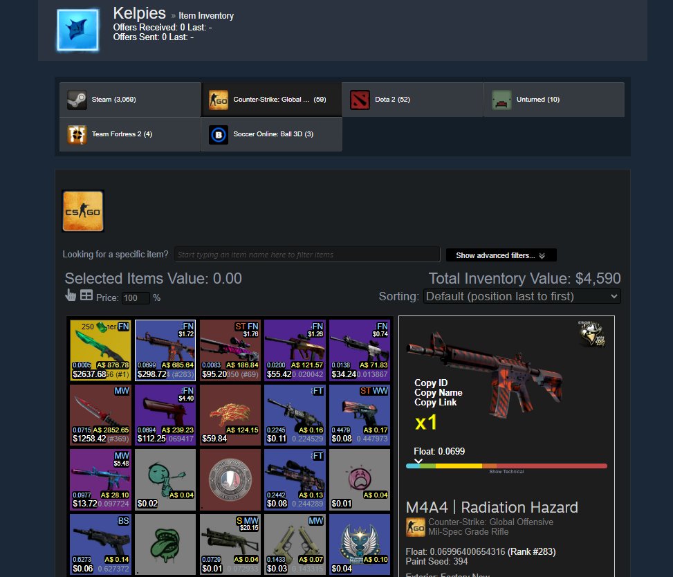 The #1 Lowest Float Huntsman Emerald has allegedly been scammed by an account called Kelpies.  

He offered the seller $7.7k USD and then pulled the classic 'screenshare in a discord call to make you think I'm not fucking you over' scam.