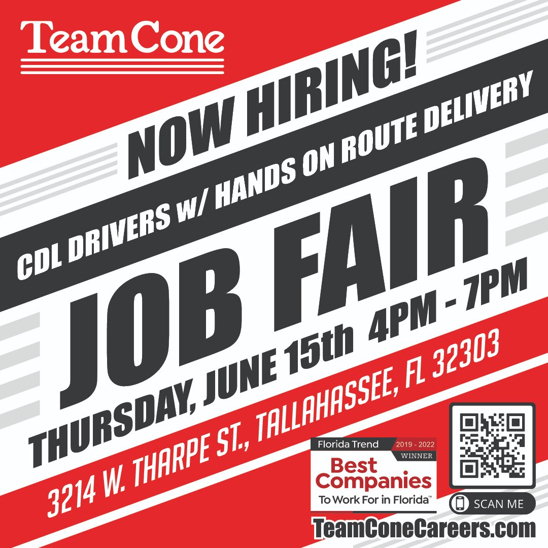 Good morning, #Tallahassee! We're looking for career-minded folks to join our delivery team and we're hosting a Job Fair on June 15th for CDL Drivers!
For more info, visit cone.beer/tlhjobfair