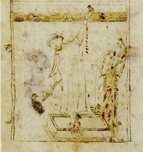 RyanOShea42's tweet image. This #ModWrite I'm writing on modernist mock-crucifixions and their medieval roots. Particularly struck by this medieval depiction of a self-crucifying monk, who is tempted to imitate Christ by a devil, taking mortification to (blasphemous) extremes (c. 1373):