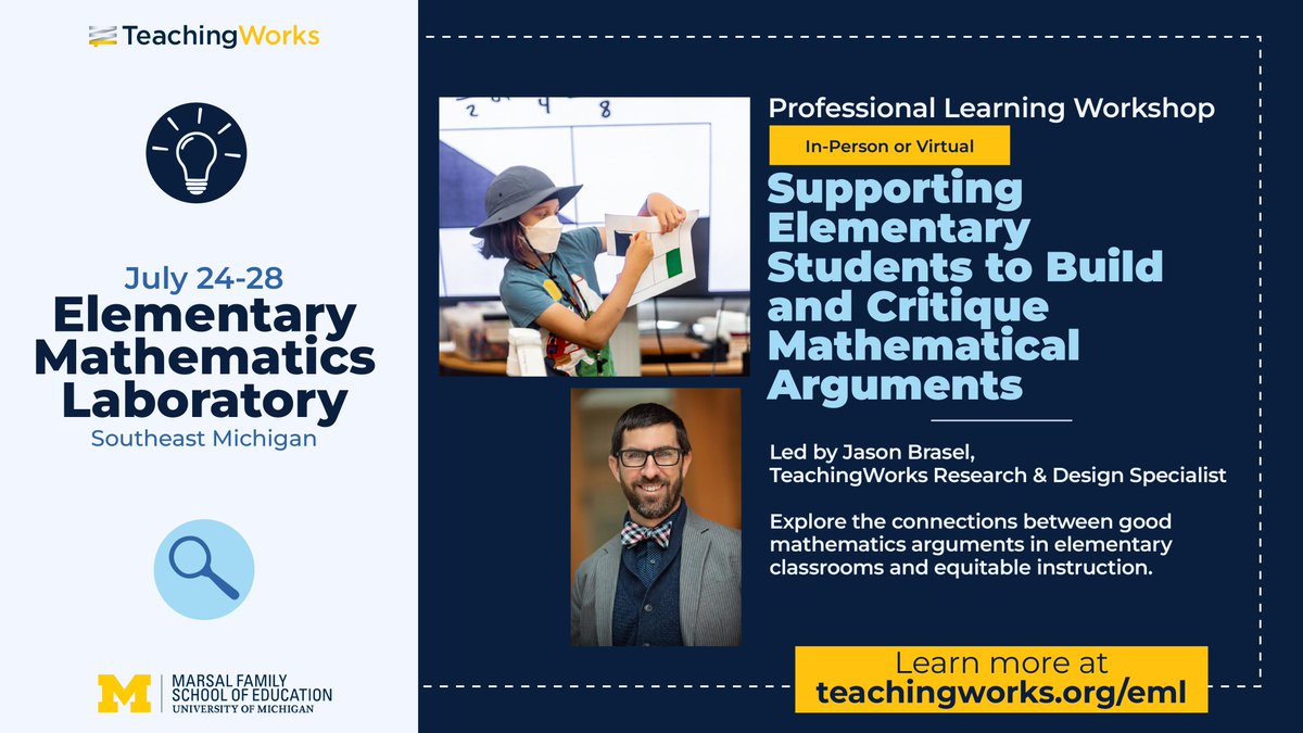 Deborah Loewenberg Ball (@deborah_ball) on Twitter photo Creating classrooms for joyful mathematics requires skill in helping students engage in math talk. Learn how with <a href="/TeachingWorks/">TeachingWorks</a> at our EML workshop, "Supporting Elementary Students to Build and Critique Mathematical Arguments.” Learn more and sign up: teachingworks.org/eml/ Creating classrooms for joyful mathematics requires skill in helping students engage in math talk. Learn how with <a href="/TeachingWorks/">TeachingWorks</a> at our EML workshop, "Supporting Elementary Students to Build and Critique Mathematical Arguments.” Learn more and sign up: teachingworks.org/eml/