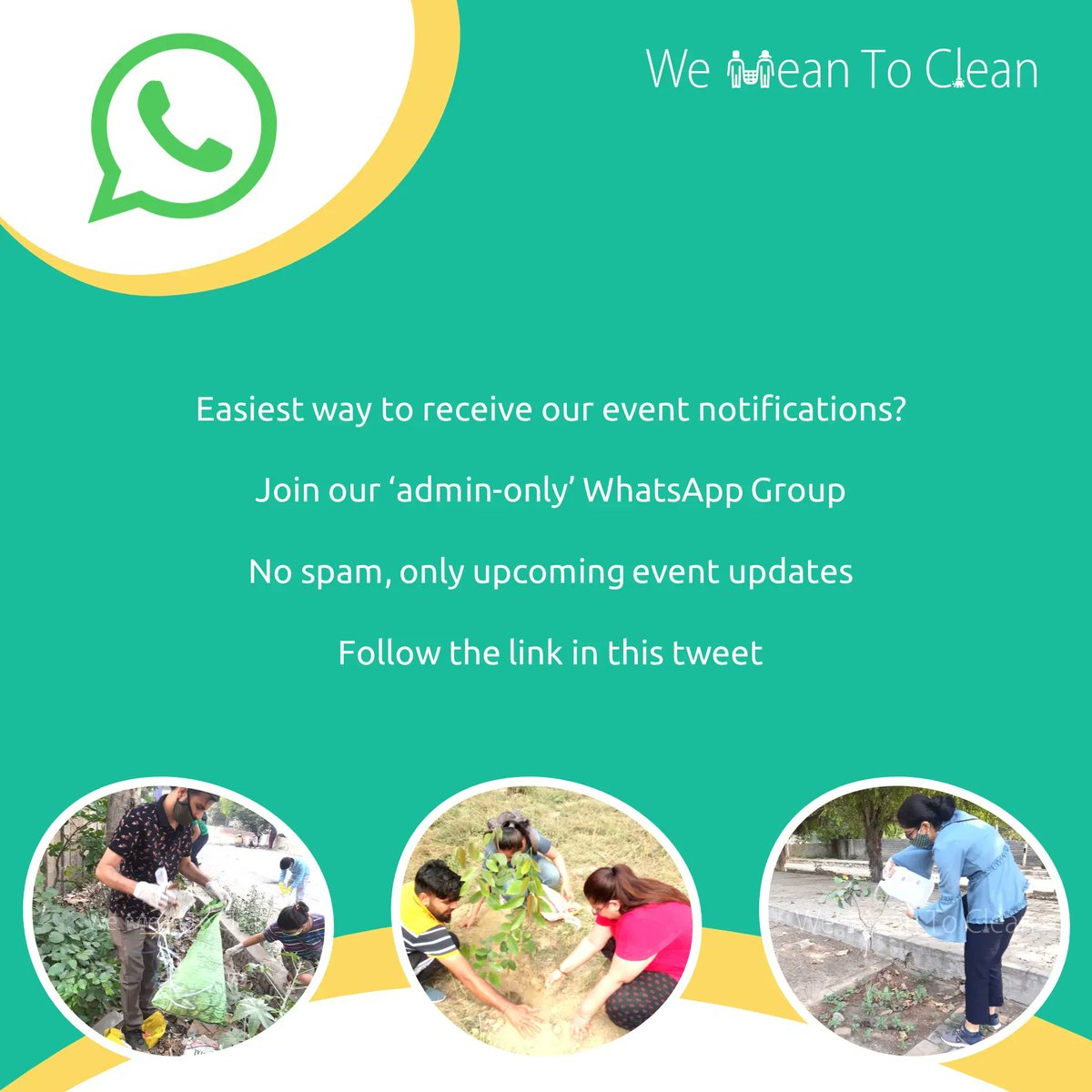 Our event updates directly in your #WhatsApp Admin-only group No spam! Join: chat.whatsapp.com/KUeDYjb41oD8dI… #WeMeanToClean #CleanDelhi #SwachhBharat #MyCleanIndia #UNSDG #Shramdaan #Volunteering #SwachhataHiSeva #Plantation #Cleanup #CleanupDrive #ClimateActionNow
