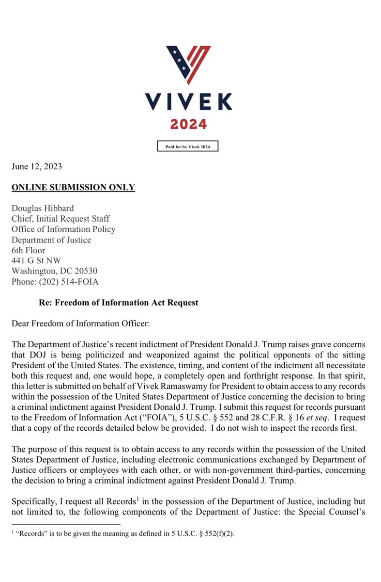 VivekGRamaswamy's tweet image. My campaign just filed a Freedom of Information Act (FOIA) demand to uncover *exactly* what the White House communicated to Merrick Garland &amp;amp; Jack Smith about the unprecedented indictment of a former U.S. President &amp;amp; Biden’s disfavored opponent in this election. Every American…