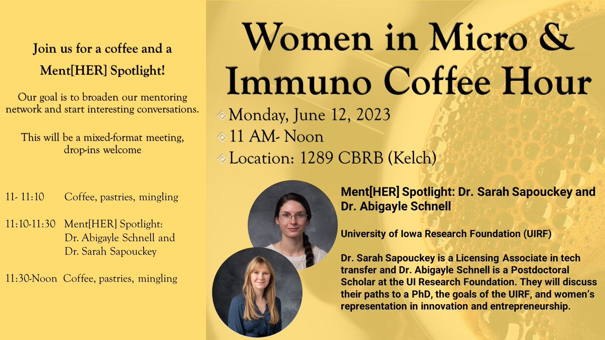 University of Iowa Postdoc Association (UIPDA) (@uipostdoc) on Twitter photo 🚨Today at 11! 🚨
Come hear current UI postdoc Abby Schnell and licensing associate (and former UI postdoc) Sarah Sapouckey talk about their experience with <a href="/_UIRF/">UIResearchFoundation</a>. 🚨Today at 11! 🚨
Come hear current UI postdoc Abby Schnell and licensing associate (and former UI postdoc) Sarah Sapouckey talk about their experience with <a href="/_UIRF/">UIResearchFoundation</a>.