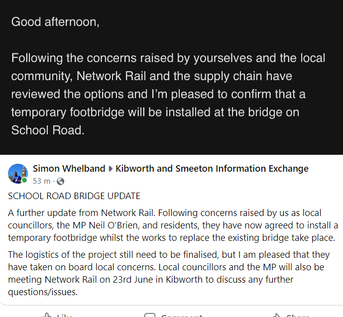 CllrPhilKing's tweet photo. Really positive news for #Kibworths thanks to the 100+ residents who attended the public meeting on 23rd May - now all we need is the #TinBridge to be upgraded also ty https://t.co/NQ0Eg5ZYz5