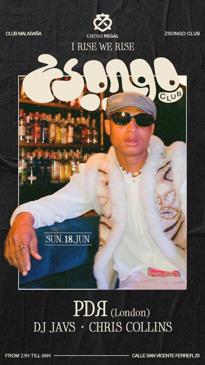 spain debut weekend 🇪🇸 ~ headlining <a href="/zsongoclub/">Zsongo Club</a> in collaboration with <a href="/chivasregal_es/">Chivas Regal ES</a> this sunday 18th 📍in madrid! 

🎫🔗: link.dice.fm/n078fc0e712a