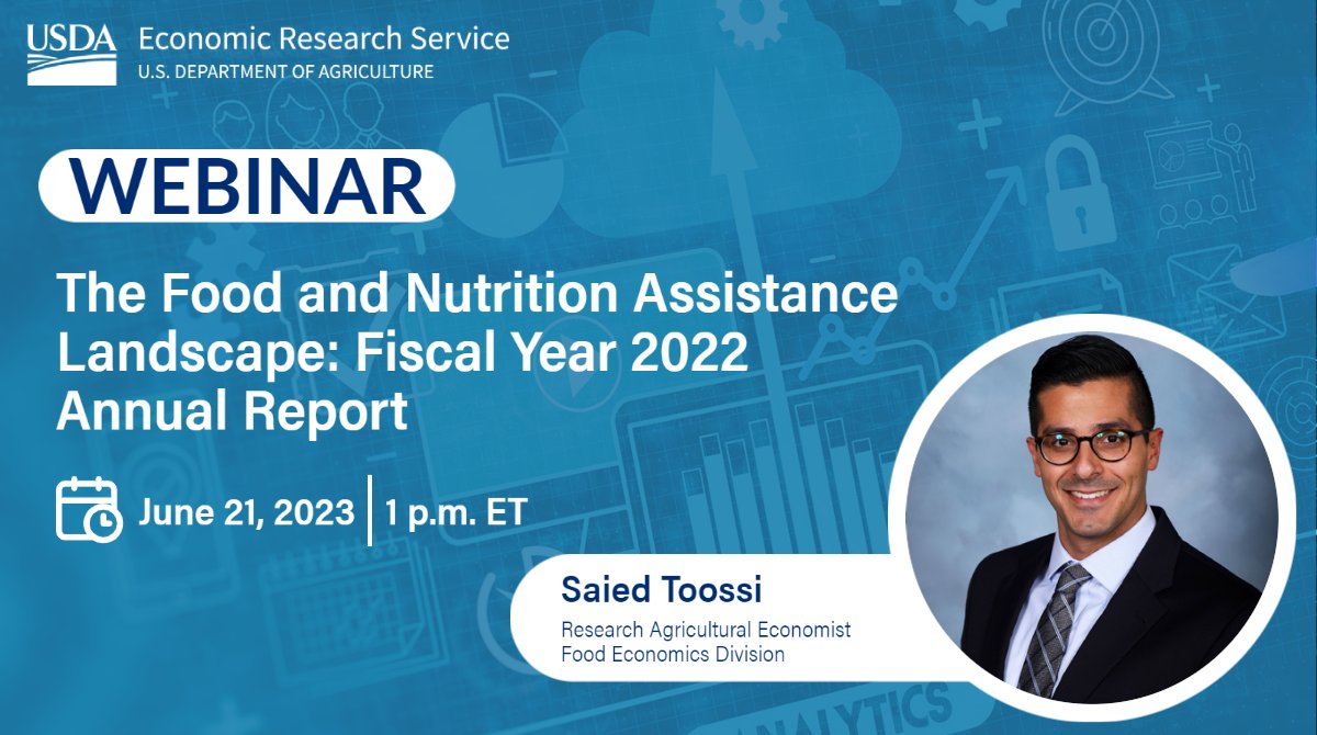 Join us for a webinar Wednesday, June 21, at 1 PM ET! 

ERS Research Economist Saied Toossi highlights program trends and developments in USDA's largest food and nutrition assistance programs in fiscal year 2022. 

Learn more / Register: ers.usda.gov/conferences/we….
