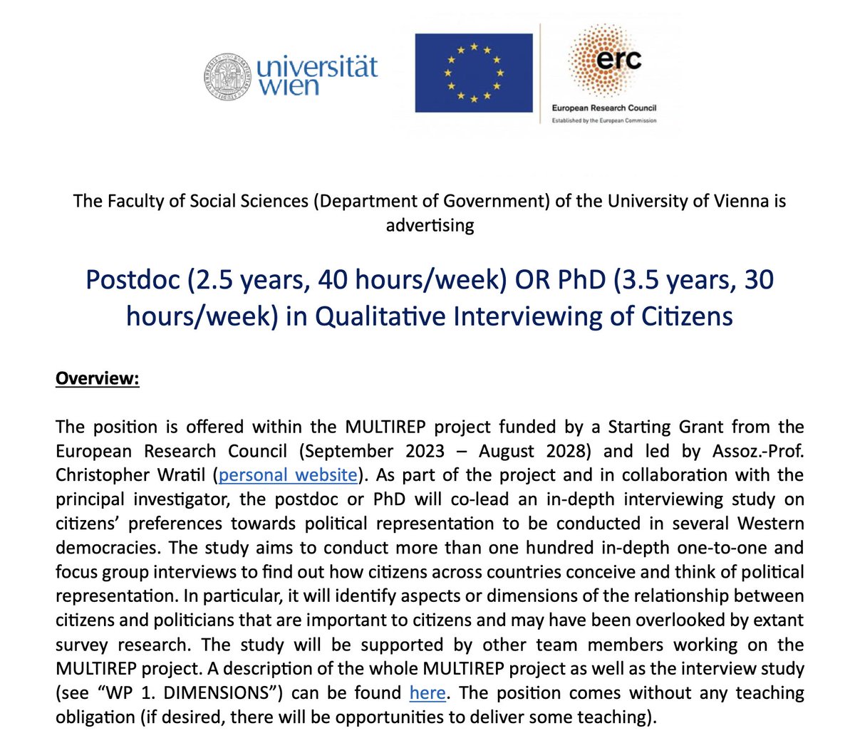 For my MULTIREP @ERC_Research grant, I am looking for a postdoc or predoc in 'Qualitative Interviewing of Citizens'. Please apply if you are into qualitative interviewing & have a keen interest in citizens' preferences regarding representation 👇 🧵 1/4 wratil.eu/files/MULTIREP…