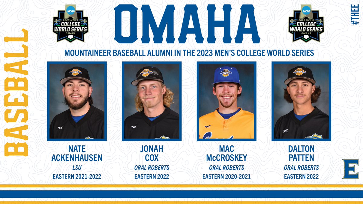 FOUR former Mountaineers are headed to Omaha! <a href="/NateAckenhausen/">Nate Ackenhausen</a> (LSU), <a href="/JonahCox02/">Jonah Cox</a> (ORU), <a href="/macmccroskey5/">Mac McCroskey™</a> (ORU) and <a href="/dalton_patten/">Dalton Patten</a> (ORU) all have been vital contributors to their teams this season and their hard work has paid off! Best of luck, gentlemen! #TheE #MCWS
