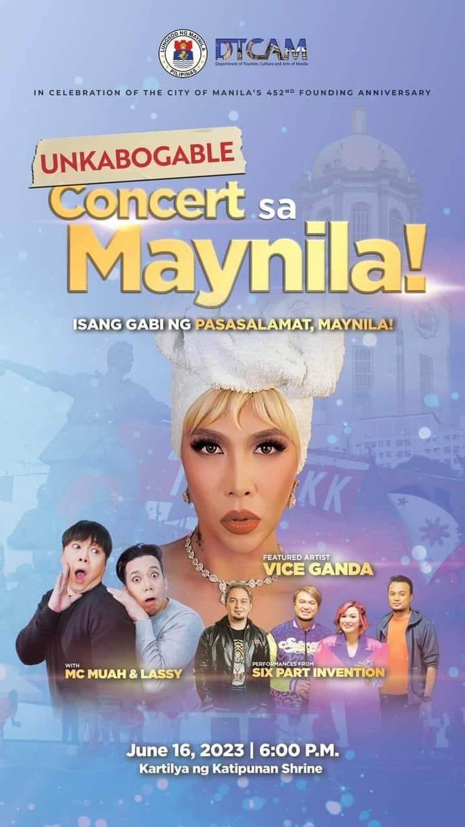 AmorDeViceGanda's tweet photo. Unkabogable Concert sa Maynila!
June 16, 2023 | 6PM
Kartilya ng Katipunan Shrine
with MC & Lassy & Six Part Invention
#ViceGanda #Unkabogable #Manila https://t.co/aBapHrUQjN