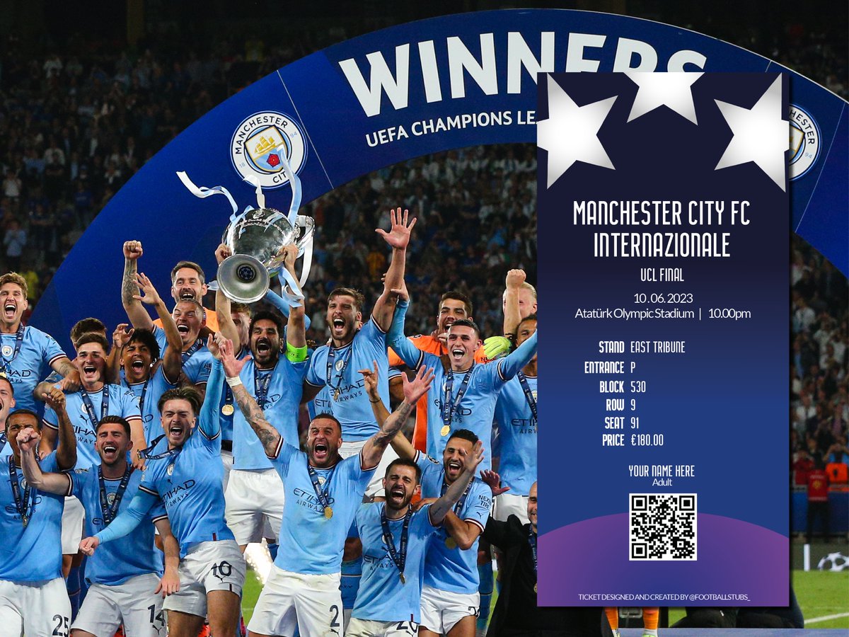 🔵 MANCHESTER CITY FANS! 🔵

🎟️Turn your digital ticket into a match ticket stub with our service! All designed by myself, customised to your seat details and the perfect memento of completing the treble! 

First 10 to♻️ RT, 🏷️tag a friend and📥DM your seat details are free!
