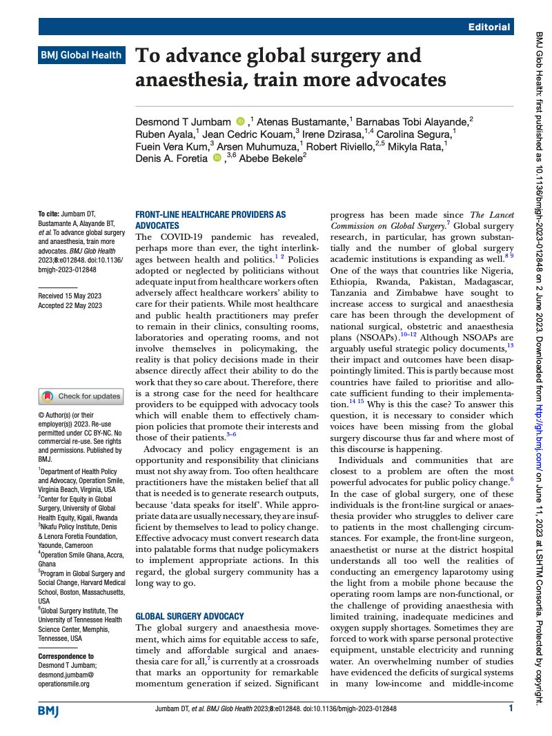 BMJ Global Health (@globalhealthbmj) on Twitter photo "Policies adopted or neglected by politicians without adequate input from healthcare workers often adversely affect healthcare workers’ ability to care for their patients."
<a href="/desmondtanko/">Tanko🇨🇲🇬🇭</a> <a href="/AtenasBL_MD/">Atenas Bustamante</a> <a href="/DrBarnabasAlay/">Barnabas Alayande</a>
📣 New Article ➡️ gh.bmj.com/content/8/6/e0… "Policies adopted or neglected by politicians without adequate input from healthcare workers often adversely affect healthcare workers’ ability to care for their patients."
<a href="/desmondtanko/">Tanko🇨🇲🇬🇭</a> <a href="/AtenasBL_MD/">Atenas Bustamante</a> <a href="/DrBarnabasAlay/">Barnabas Alayande</a>
📣 New Article ➡️ gh.bmj.com/content/8/6/e0…