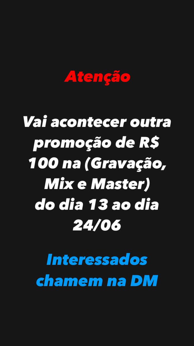 🚨🚨🚨Atenção 🚨🚨🚨

Se vc é mc e tá com pouca grana pra investir se liga nessa promoção 👇🏻👇🏻👇🏻

Gravação, Mix &amp; Master ou só Mix &amp; Master por apenas 👇🏻

👉🏻R$ 100👈🏻

Então se vc tiver interesse é só chamar na DM 
ou 
Entrar em contato com o número da BIO.

No aguarde…