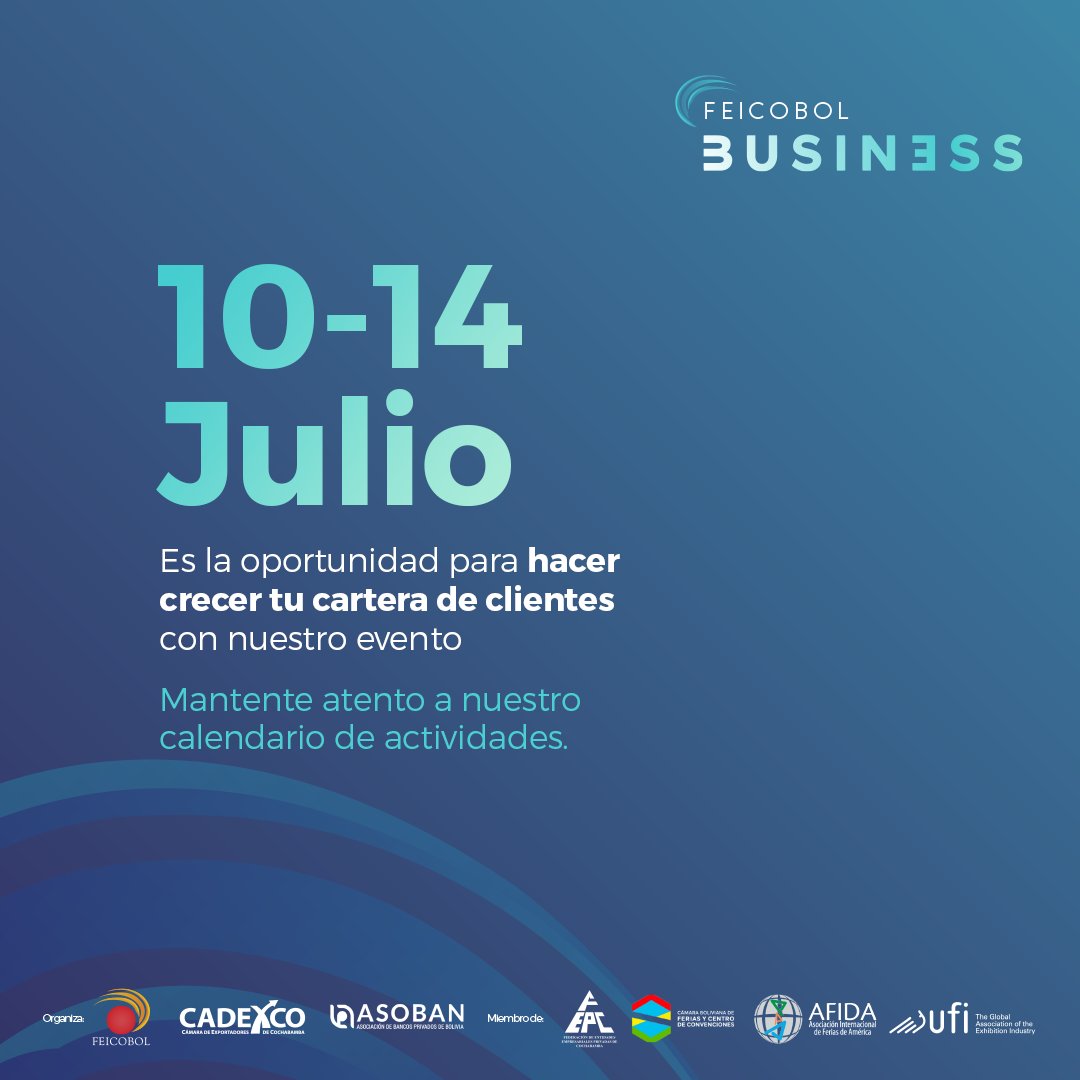 Feicobol Business llegará un año más del 10 al 14 de julio.
El encuentro que reunirá a empresarios y emprendedores de todo el mundo. Prepárate para descubrir nuevas oportunidades de negocios, expandir tu red de contactos y llevar tu empresa al siguiente nivel. ¡No te lo pierdas!