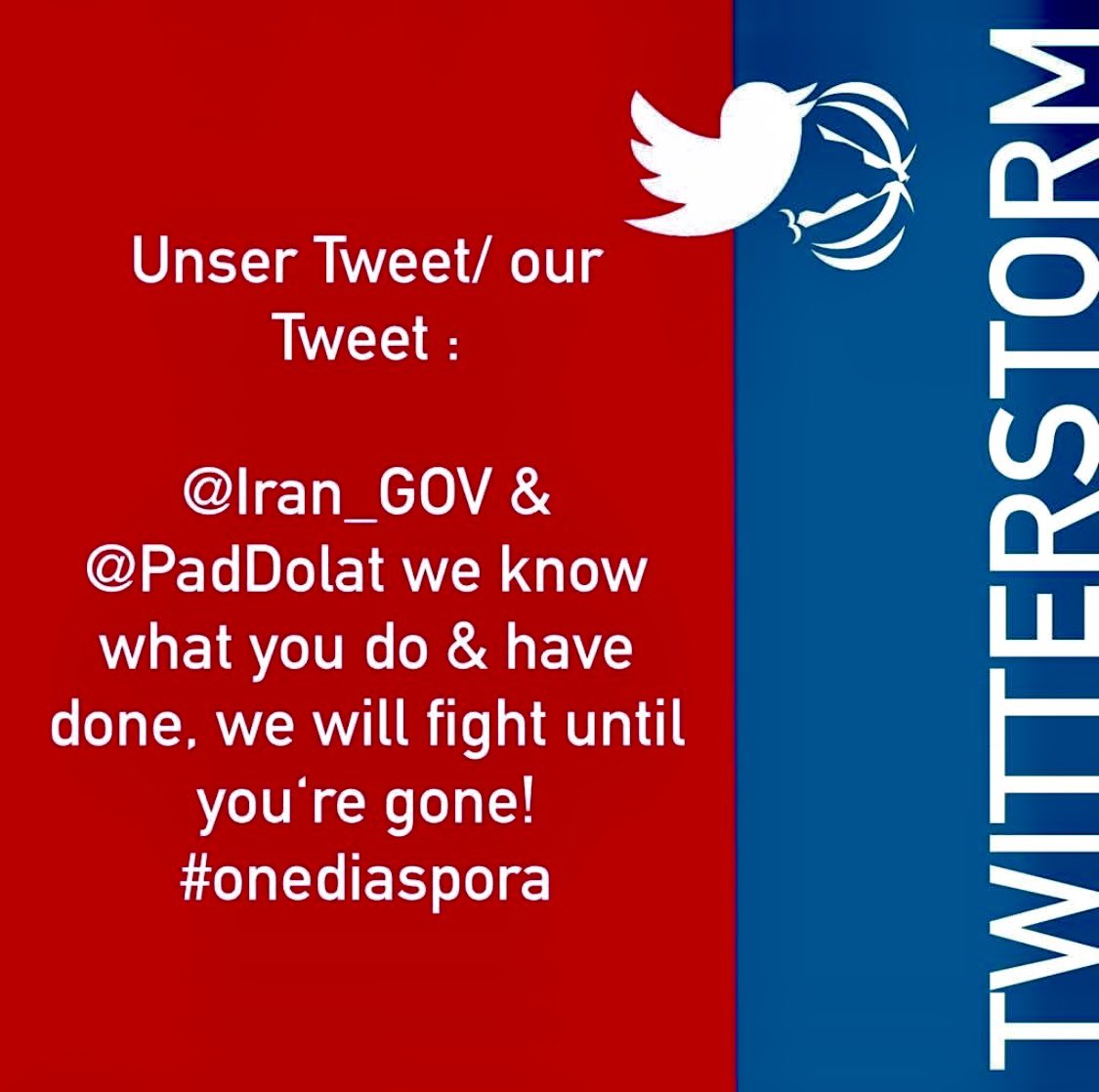 iranische's tweet photo. @Iran_GOV 
@PadDolat 
we Know what you do &amp; have done. We will fight until you‘re gone! 
#onediaspora https://t.co/uZySgntGfv