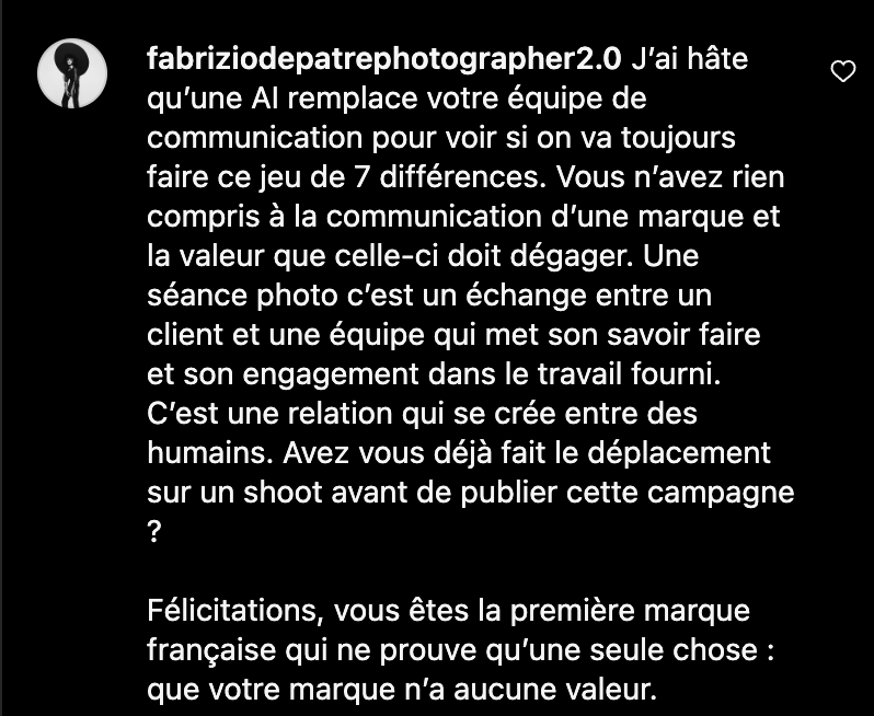 mathieucrucq's tweet photo. J'avais raté ça mais effectivement, le post #AI de #UNDIZ sur instagram s'est fait lynché par ... 
essentiellement des photographes pro.

Ce qui ressort :
> C'est moche (mais le but recherché était autre)
> Vous participez à détruire des emplois 

info via @MatthieuGB https://t.co/daxEOLXIcK