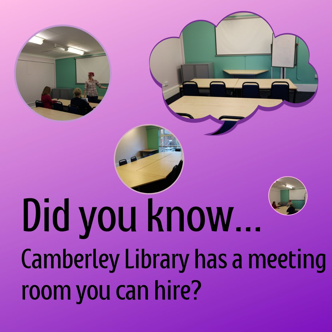 CamberleyLib's tweet photo. Did you know…. Camberley Library has a meeting room you can hire?
For more information, visit our website - https://t.co/RzW4vW9HMf

@SurreyLibraries @SurreyNews @Surreyheath @LoveCamberley @TheSquareCamb @AtriumCamberley https://t.co/56DRPEqgGJ