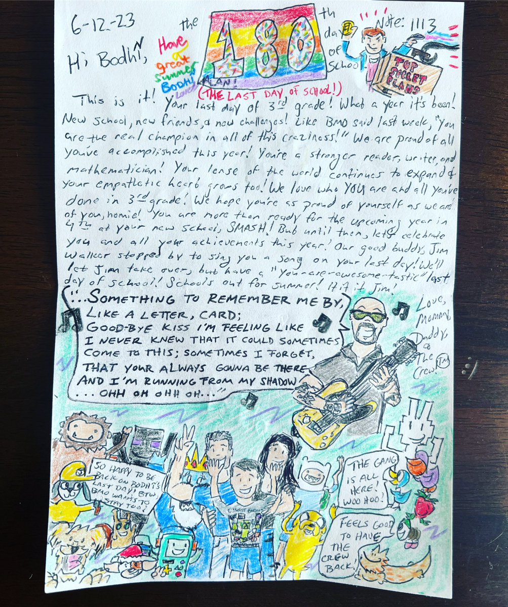 ZakShafferVO's tweet photo. “Something To Remember 3rd Grade By!”Bodhi’s LAST day of school!
Notes for Bodhi. Day: 180 / Note: 1113!
#notesforbodhi #inspiration #positivity #uplifting #encouragement #schoollunchnotes #elementaryschool #adventuretime #marceltheshell #mowillems #gizmo #bmo #threeoclockhigh https://t.co/jwQfzf0OR5