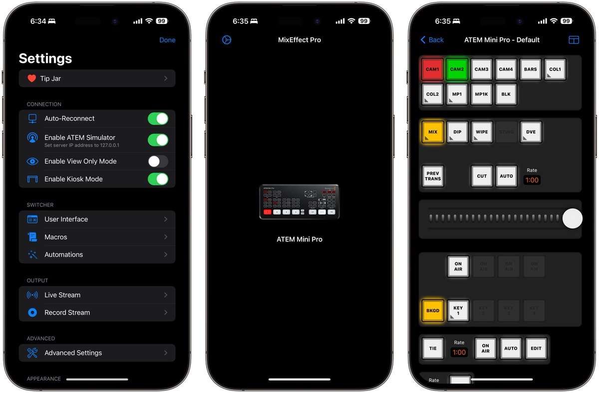 MixEffectApp's tweet photo. The new Kiosk Mode in MixEffect and MixEffect Pro 1.9.1 simplifies the interface and works with Guided Access to restrict usage of a single section in MixEffect. Also improved the speed at which MixEffect connects to your ATEM switcher. https://t.co/IJGWvvMWmE