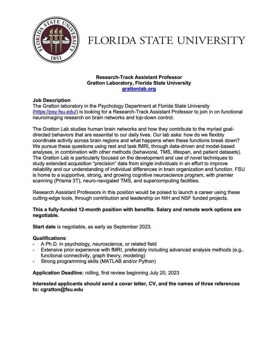 Caterina Gratton (@grattoncaterina) on Twitter photo I'm looking for 1-2 post-docs or research faculty to join my lab <a href="/PsychologyFSU/">FSU Department of Psychology</a> ☀️to work on NIH & NSF funded projects related to 🧠 precision brain networks, individual differences, and network breakdown in Parkinson's Disease.
Remote work options are negotiable. Please RT 🙏 I'm looking for 1-2 post-docs or research faculty to join my lab <a href="/PsychologyFSU/">FSU Department of Psychology</a> ☀️to work on NIH & NSF funded projects related to 🧠 precision brain networks, individual differences, and network breakdown in Parkinson's Disease.
Remote work options are negotiable. Please RT 🙏