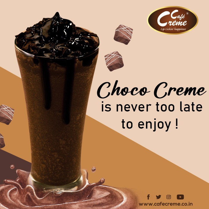 It's never late for your favorite Choco Creme.

Visit nearest Cafe Creme outlet &amp; enjoy Choco Creme this evening.

Visit website cafecreme.co.in

#CafeCreme #KUKA #ChocoCreme #Foodies  #FoodTalk #FoodBlogger #IGFoodie #Coffee #Coffeeshakes #snacks #nachos #Pizza