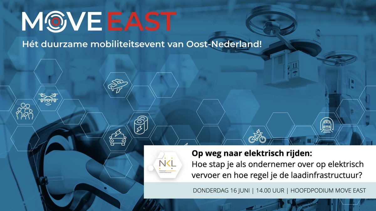 Op donderdag 16 juni om 14.00 uur vindt tijdens Move East (hét duurzame mobiliteitsevent van Oost-Nederland) de kennissesie 'Op weg naar elektrisch rijden' plaats voor ondernemers met een wagenpark. Lees meer en meld je aan: move-east.nl/programma-16-j… #MoveEast