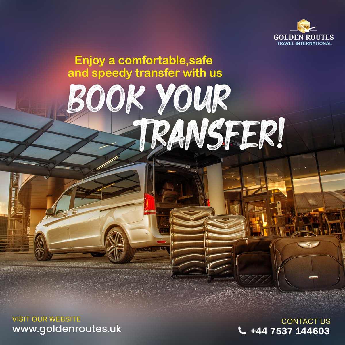 Enjoy a comfortable, safe and speedy transfer with us
Book your transfer
office@goldenroutes.uk
+41 76 482 77 66
#airporttransfers #airporttransfer #chauffeurservice #airport #travel #chauffeur #limousine #vip #limoservice #taxi #taxiservice #luxurytravel #transfer #privatedriver