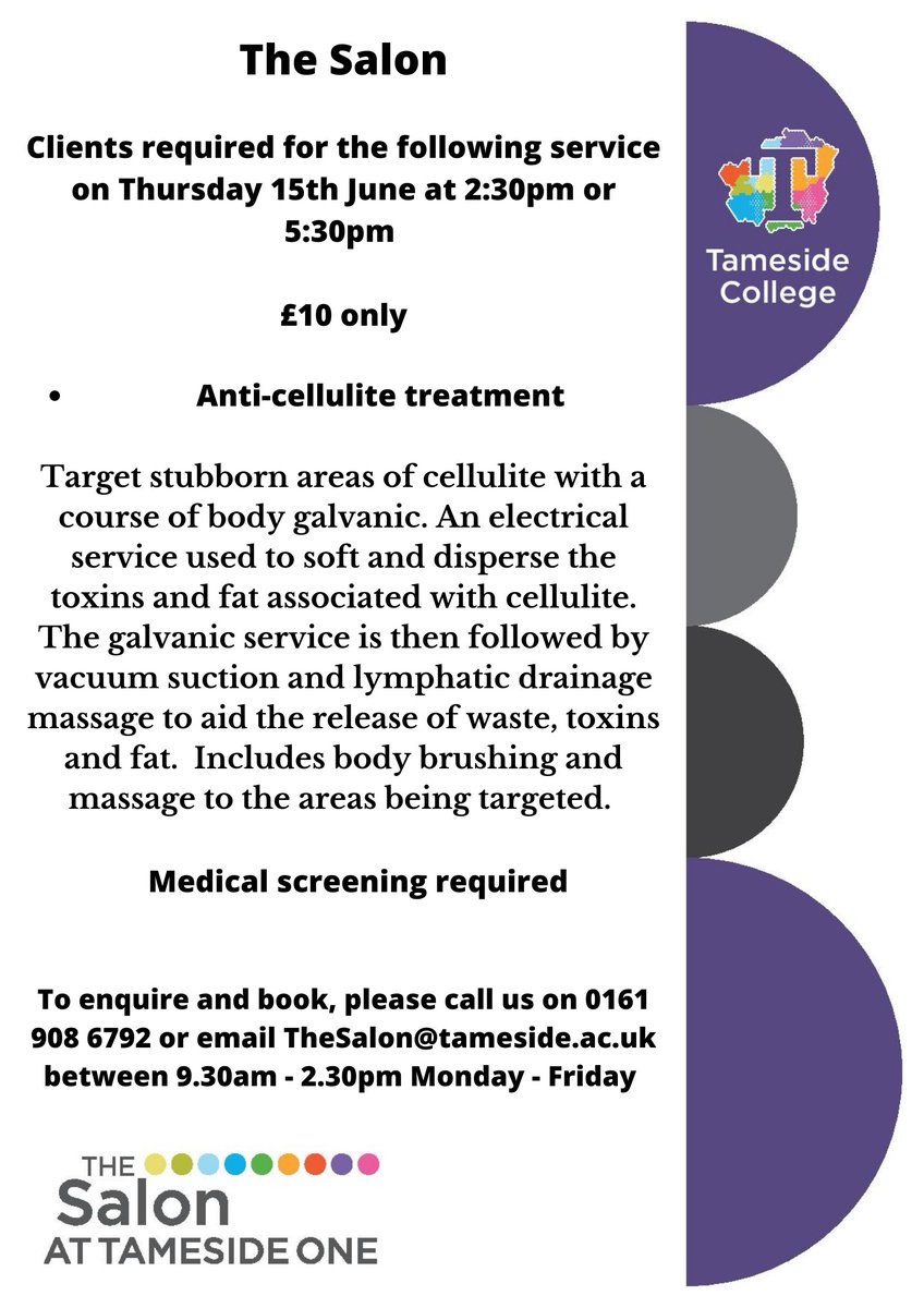 TheSalonAtT1's tweet photo. The Salon at Tameside One has the following beauty treatment available on Thursday 15th June.
To book, please call us on 0161 908 6792 or email TheSalon@tameside.ac.uk between hours of 9.30am - 2.30pm Monday to Friday
#TheSalonAtT1 #TreatYourself #ICanBe https://t.co/nyEgAurZ6r