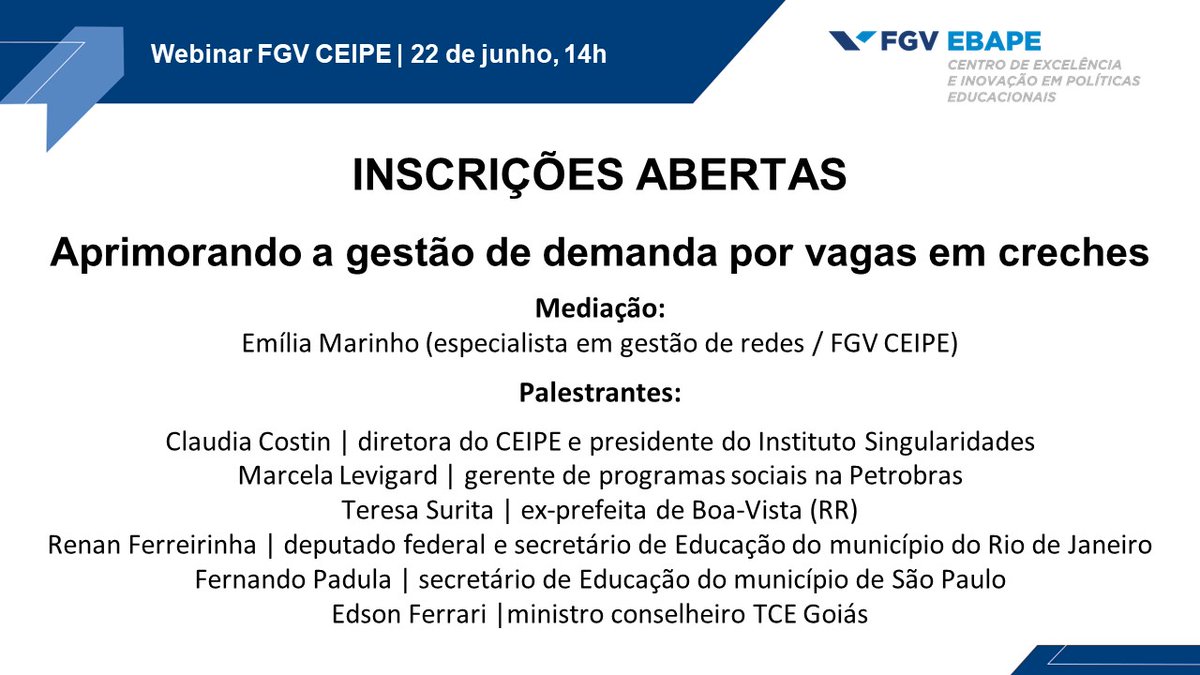FGVCEIPE's tweet photo. 🔈Faltam dez dias

Participe! Inscrições gratuitas aqui: https://t.co/miC2BsLlB8

Webinar Aprimorando a gestão de demanda por vagas em creches
data: 22 de junho (quinta-feira)
horário: 14 horas (horário de Brasília)

#CEIPE @ClaudiaCostin https://t.co/V6TVlKVliH