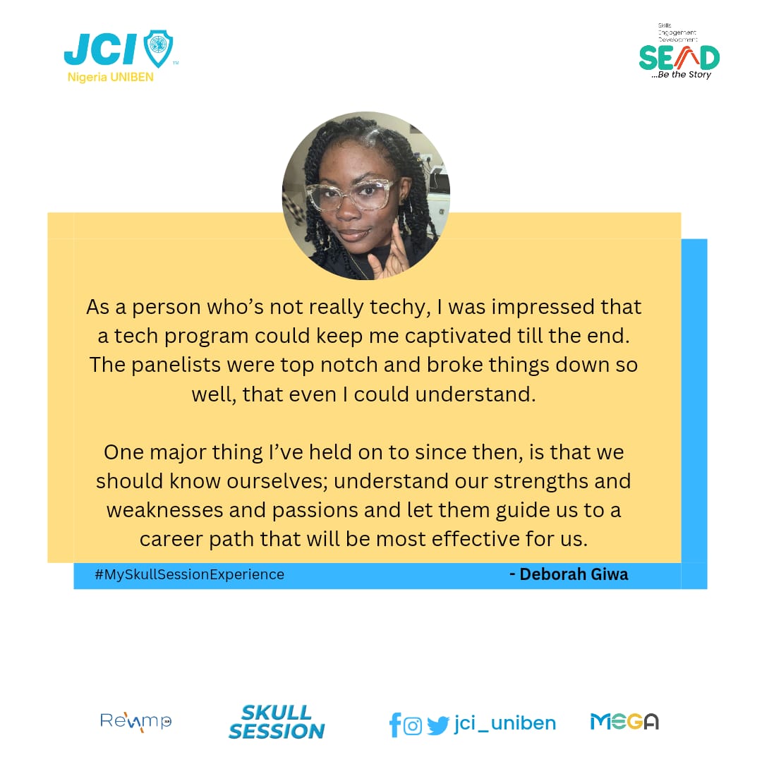 jci_uniben's tweet photo. Hear what Deborah Giwa has to say about the last edition of the Skull Session program.

Another edition comes up soon, you can't afford to miss this one.

Stay tuned and watch this space for more information.

#MySkullSessionExperience
#MEGA2023
#BeTheStory
#JCINUNIBEN https://t.co/ZsQbE8d2Ey