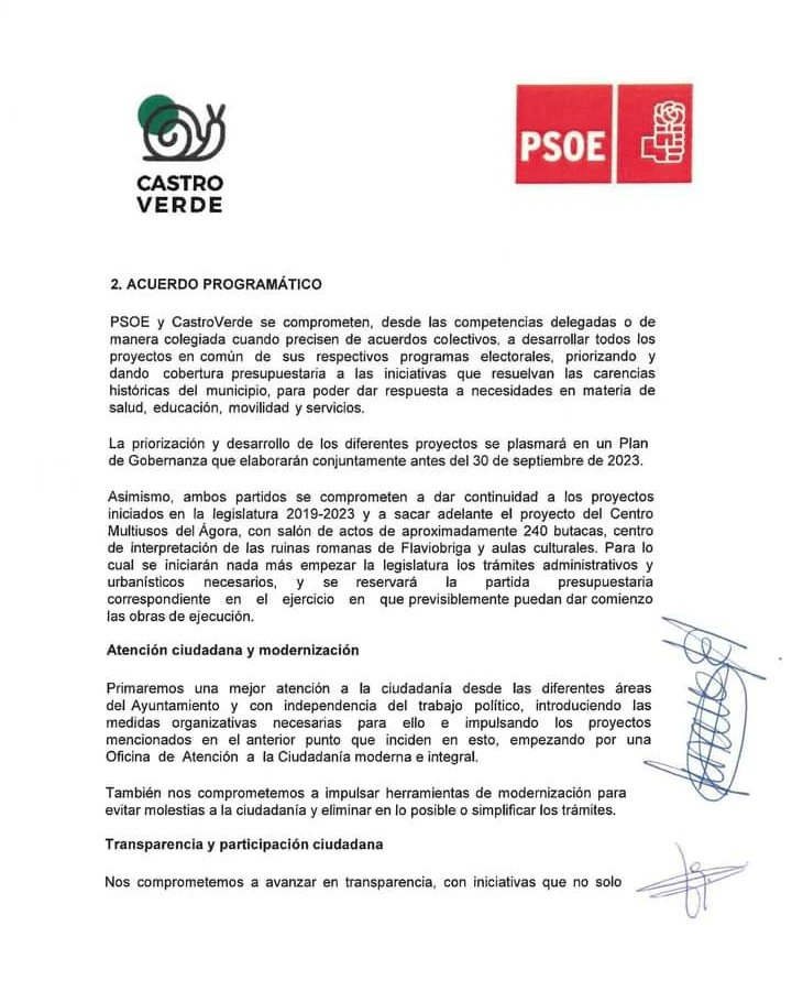 CastroVerdetk's tweet photo. ✍️ ✍️ Hoy mismo hemos firmado un ACUERDO DE GOBIERNO con el PSOE para gobernar conjuntamente en esta legislatura 2023-2027. 

📣📣 Como siempre, desde CastroVerde todo lo hacemos con la máxima TRANSPARENCIA ‼️‼️ 

Así lo hemos hecho 👇 https://t.co/vh59SNTan2