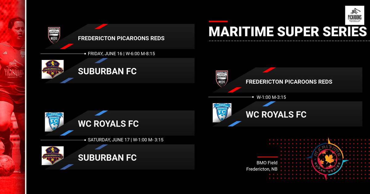 PicaroonsSoccer's tweet photo. @MaritimeSupSer Schedule for this weekend!  We are excited to welcome @SuburbanFC &amp; @WCRFCSoccer to Freddy! @SoccerNB @SoccerNS @peisoccerassoc https://t.co/fVdu6JNbC6