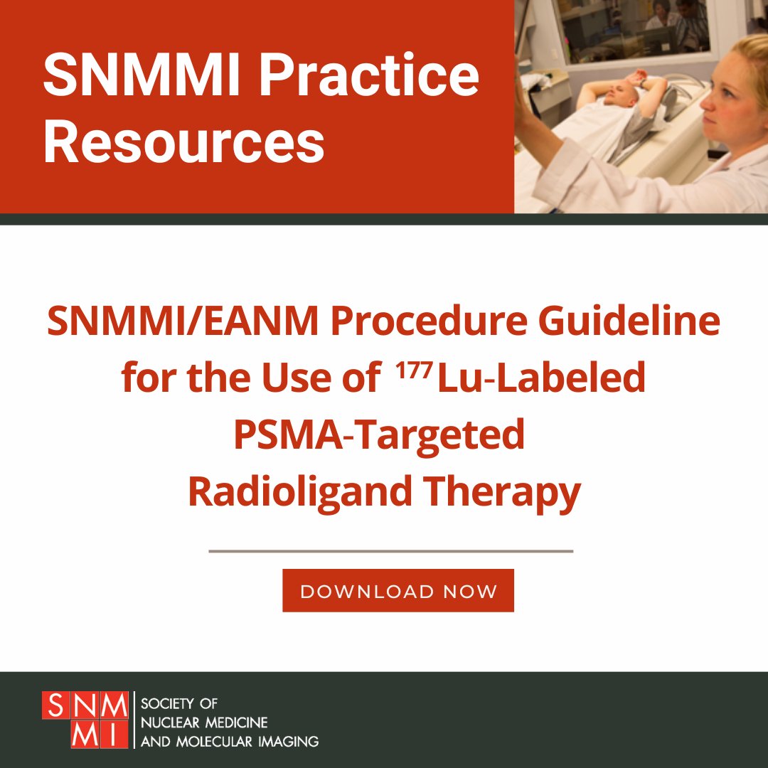 New Guideline Alert! Joint #SNMMI #EANM guideline for Lu-177 PSMA-targeted therapy will help practitioners select high-potential patients and prepare for clinical management. Thanks @EANM_NucMed! ow.ly/g7Ls50OKN8q #NuclearMedicine #RPTherapy #ProstateCancer