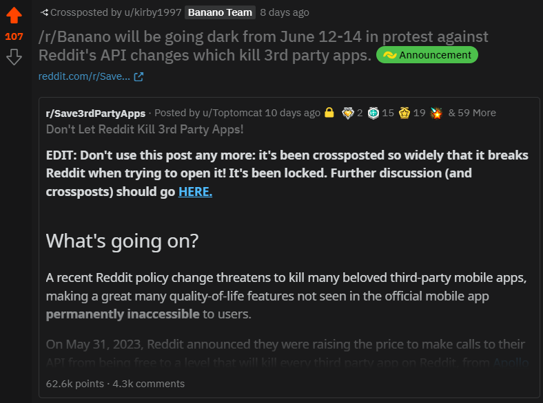 For those of you who are wondering:
The <a href="/bananocoin/">BANANO</a> subreddit r/banano is going dark June 12-14 to protest against Reddit's API changes which kills 3rd party apps.
More background: edition.cnn.com/2023/06/12/tec…
Please contact reddit for questions 🍌
$BAN #Banano #RedditBlackout