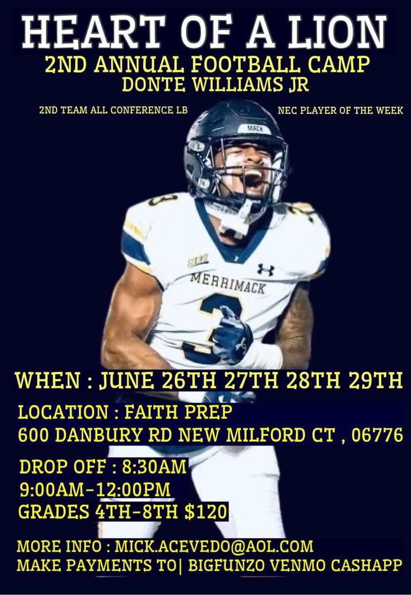 CoachDWill3's tweet image. ‼️ Its official 2nd annual Heart of a Lion Youth Camp hosted by @DonteWilliams03 wil be June 26th- 29th at Faith Prep in New Milford CT. 4 days of work , instruction and development. Year 1 was amazing with guest speakers and Coaches !  ‼️.
