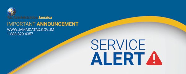 SERVICE ALERT! <a href="/JamaicaTax/">JamaicaTax</a> operations being impacted significantly by service disruption. Expect service delays at #TaxOffices &amp; our digital services. Our technical team &amp; service providers are working for a #ServiceFIX ASAP. Stay tuned <a href="/JISNews/">JISNews</a> <a href="/MOFJamaica/">Ministry of Finance Jamaica</a> <a href="/rjrnews/">The News from RJR</a> <a href="/MELLOFM_88/">MELLO FM</a>