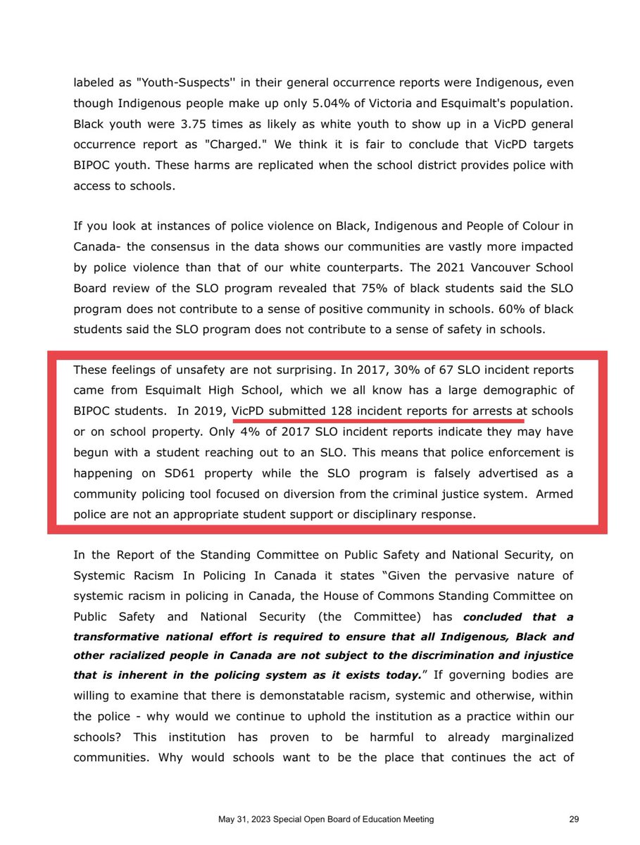 Adam_Stirling's tweet photo. The letter can be found at page 29 of the School District’s agenda package for May 31st. 

It in unclear exactly where and how the information was sourced or why it might vary so drastically with VicPD records. #bcpoli #yyj https://t.co/hmkRB3uXBL