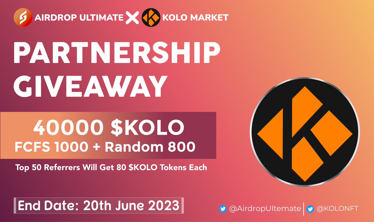 🥳 KOLO Market X Airdrop Ultimate #Giveaway 

🏆 Prize Pool «» 40,000 $KOLO

✅ Follow <a href="/AirdropUltemate/">Airdrop Ultimate</a> &amp; <a href="/KOLONFT/">KOLO.Market</a>
✅ Like, RT &amp; Tag 3 Friends
✅ Complete Giveaway Bot⤵️
t.me/KOLOMarketGive…

⏳ Ends 20th June

#Airdrop #KOLOMarket #Giveaway #Crypto #KOLO #ETH #L2E
