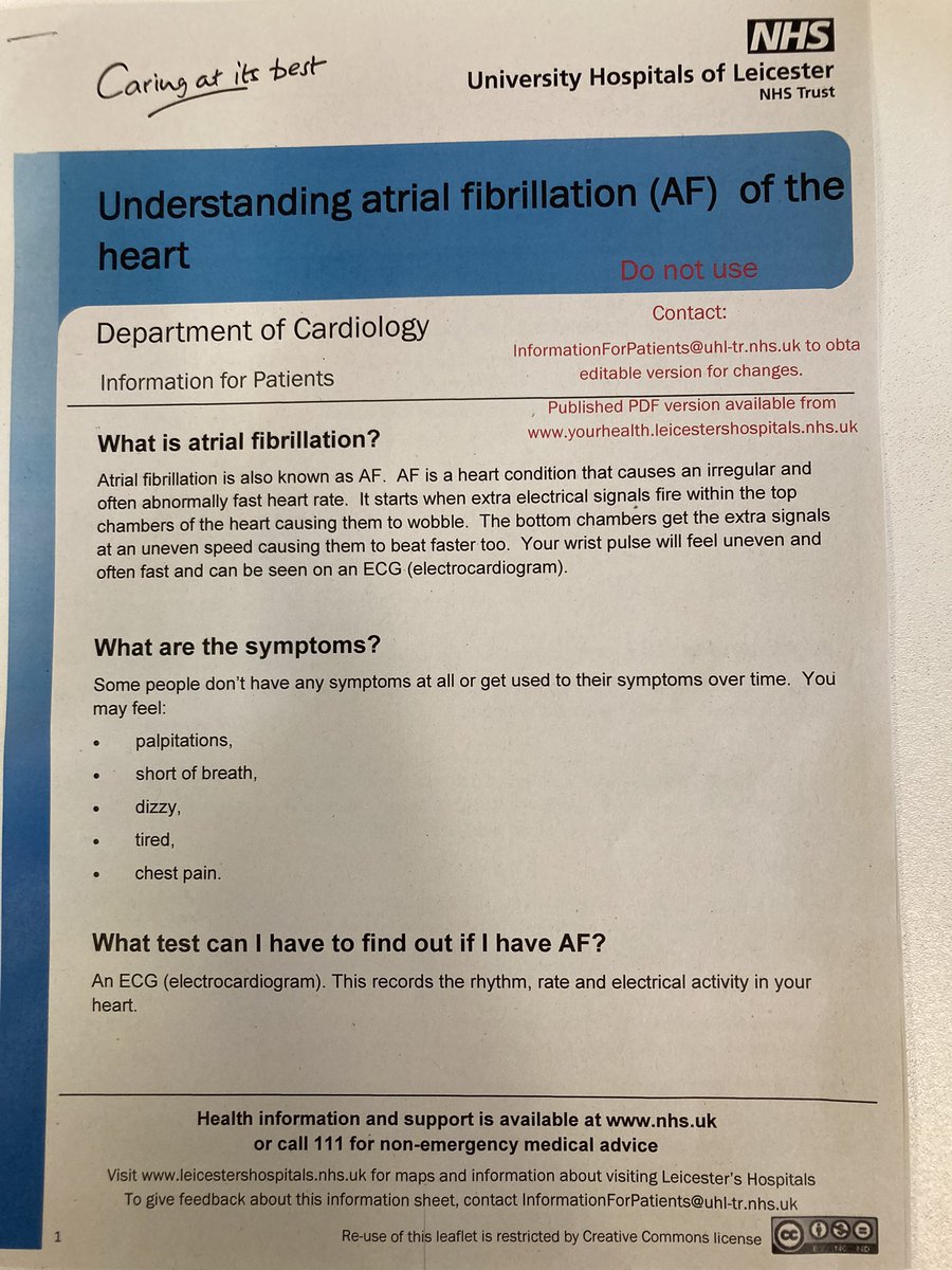 Understanding atrial fibrillation booklet now available on insite (without the draft wording on it 😆). Thanks to CRM specialist sister Marnie 😁