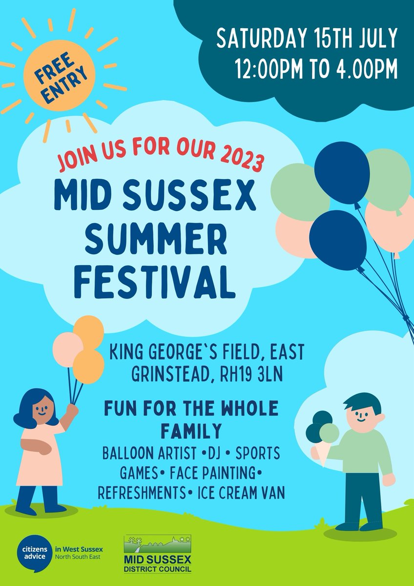 A #MidSussex Summer Festival at King George's Field in #EastGrinstead on Saturday 15th July, 12pm - 4pm 🌞
#CitizensAdvice are planning a fun filled day for families with entertainment including a balloon artist, DJ, face painting and more!