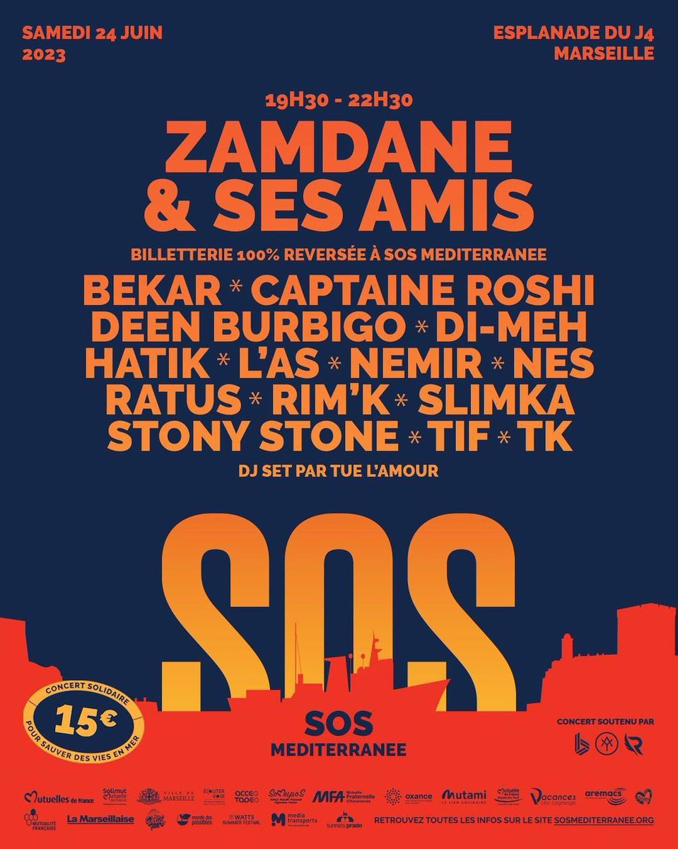 🆘 Le rappeur <a href="/zamdane/">zam</a> a dévoilé sa programmation "carte blanche" pour le concert caritatif donné en faveur de <a href="/SOSMedFrance/">SOS MEDITERRANEE France</a>. Bravo à tous les artistes qui ont répondu à l’appel !

📍 24 juin, esplanade du J4 à Marseille
💪 Billetterie 100% solidaire
🎟 sos.inevents.fr