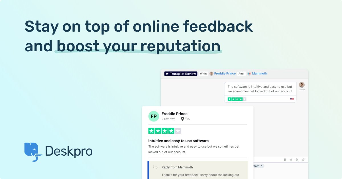 deskpro's tweet image. Take control of your brand reputation with in-built review management software. Deskpro's new Trustpilot channel centralizes reviews in your helpdesk.
With more channels coming soon: hubs.ly/Q01Kw-CX0
#reviewmanagementsoftware #helpdesksoftware #trustpilot