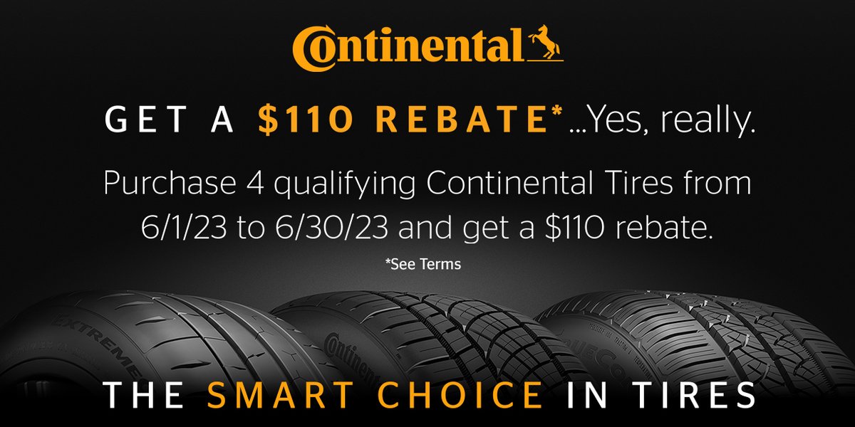 📣 JUNE PROMO 📣

Purchase 4 qualifying passenger Continental Tires now through June 30, 2023 and receive a $110 Visa prepaid card by mail.

See full details: continentaltire.com/promotion