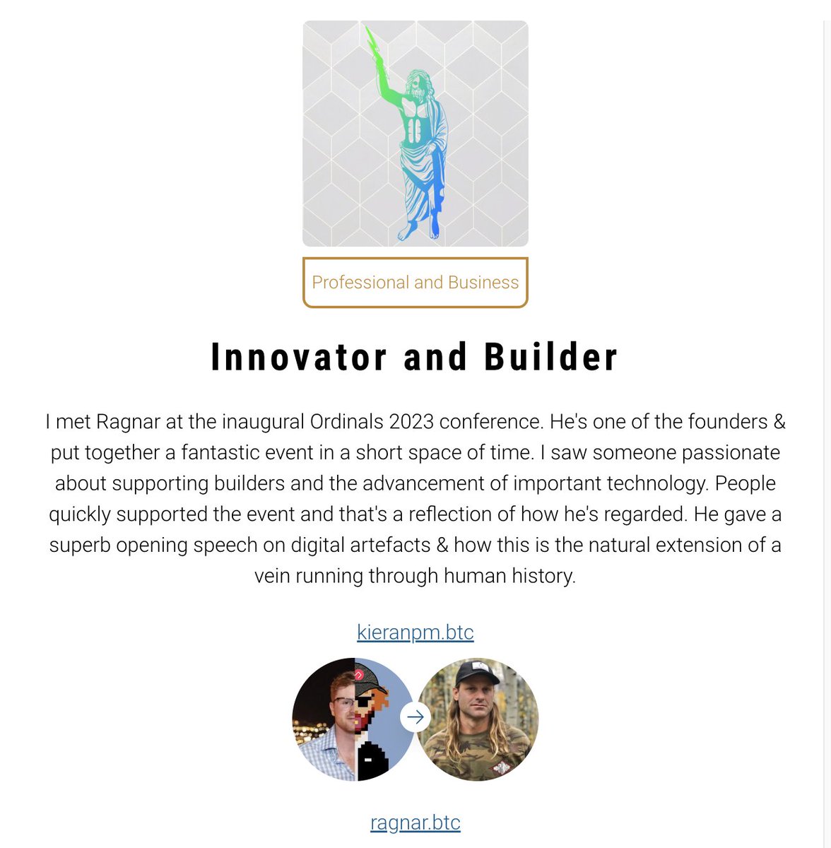 I'm thankful to <a href="/whatsallthiss/">Kieranpm</a> for endorsing my work at @ordinalsconf using non-transferable Bitcoin NFTs on @trajanapp.

🏅 See attached screenshot of the endorsement.

Check out the Trajan profile of <a href="/whatsallthiss/">Kieranpm</a>:
👨‍🦰 trajan.app/profile/kieran….